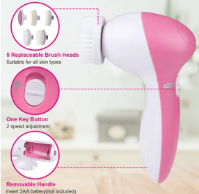 Facial Cleansing Brush Waterproof Face Spin Cleaning Brush With 5 Brush Heads (Option: Pink)